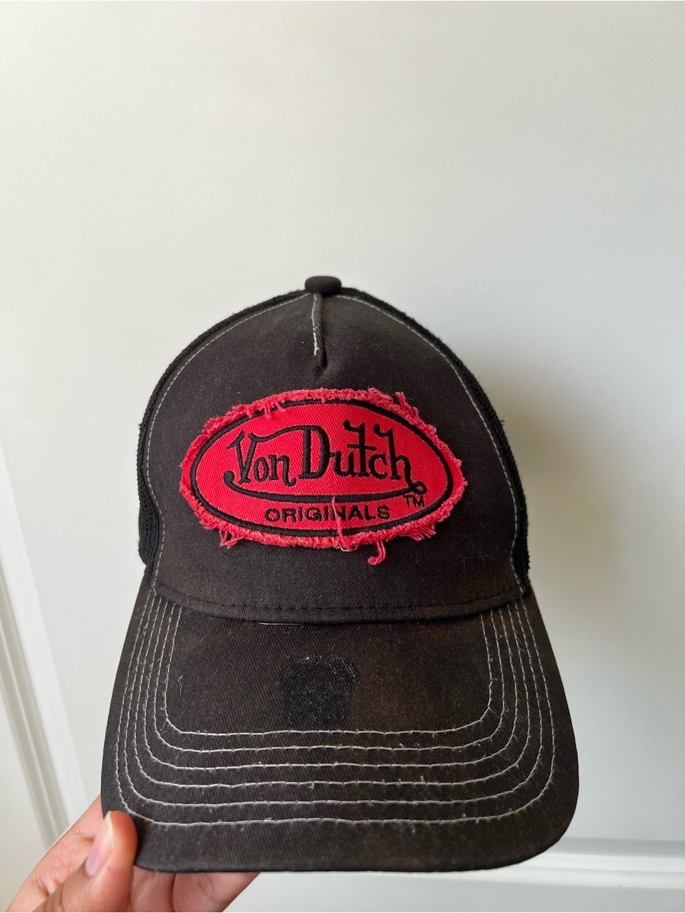 Von Dutch Distressed Black Mesh Trucker Cap with Red Patch Logo